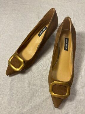 NEW Nine West Women's Propper Kitten Heel Pump w/ buckle, Cognac, Size 7 B